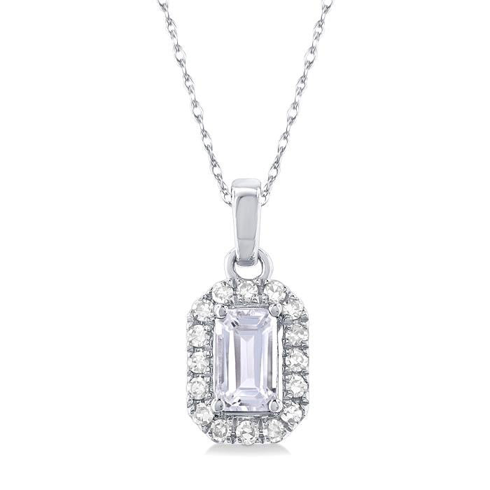 Emerald Shape White Topaz & Diamond Pendant in 10K White Gold