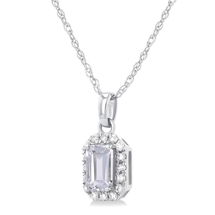 Emerald Shape White Topaz & Diamond Pendant in 10K White Gold