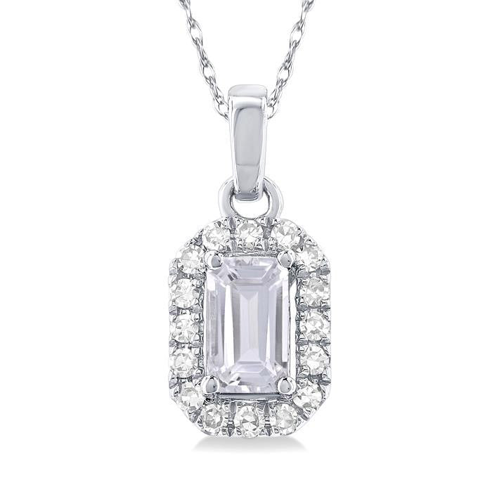 Emerald Shape White Topaz & Diamond Pendant in 10K White Gold