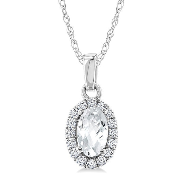 5x3 MM Oval Shape White Topaz and 1/20 Ctw Round Cut Diamond Halo Semi-Precious Pendant with Chain in 10K White Gold