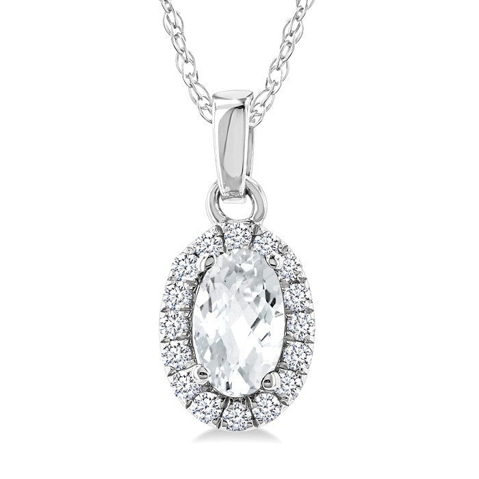 5x3 MM Oval Shape White Topaz and 1/20 Ctw Round Cut Diamond Halo Semi-Precious Pendant with Chain in 10K White Gold