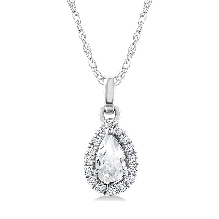 5x3 MM Pear Shape White Topaz and 1/20 Ctw Round Cut Diamond Halo Semi-Precious Pendant with Chain in 10K White Gold