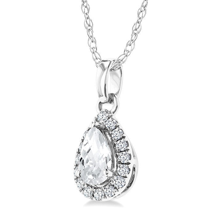 5x3 MM Pear Shape White Topaz and 1/20 Ctw Round Cut Diamond Halo Semi-Precious Pendant with Chain in 10K White Gold