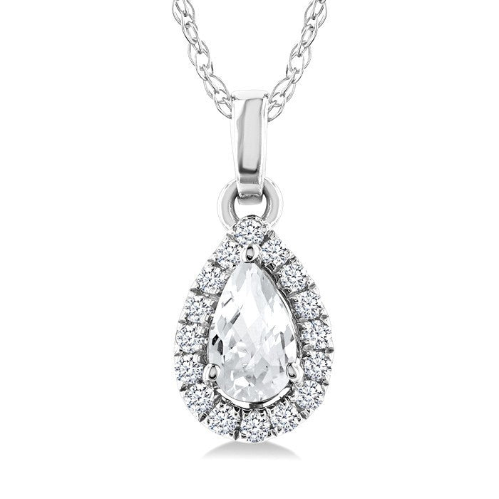 5x3 MM Pear Shape White Topaz and 1/20 Ctw Round Cut Diamond Halo Semi-Precious Pendant with Chain in 10K White Gold