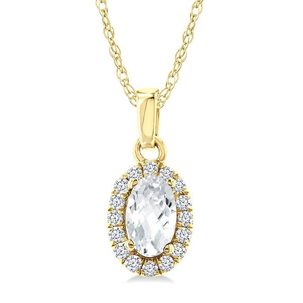 5x3 MM Oval Shape White Topaz and 1/20 Ctw Round Cut Diamond Halo Semi-Precious Pendant with Chain in 10K Yellow Gold