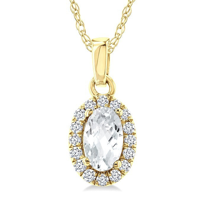 5x3 MM Oval Shape White Topaz and 1/20 Ctw Round Cut Diamond Halo Semi-Precious Pendant with Chain in 10K Yellow Gold