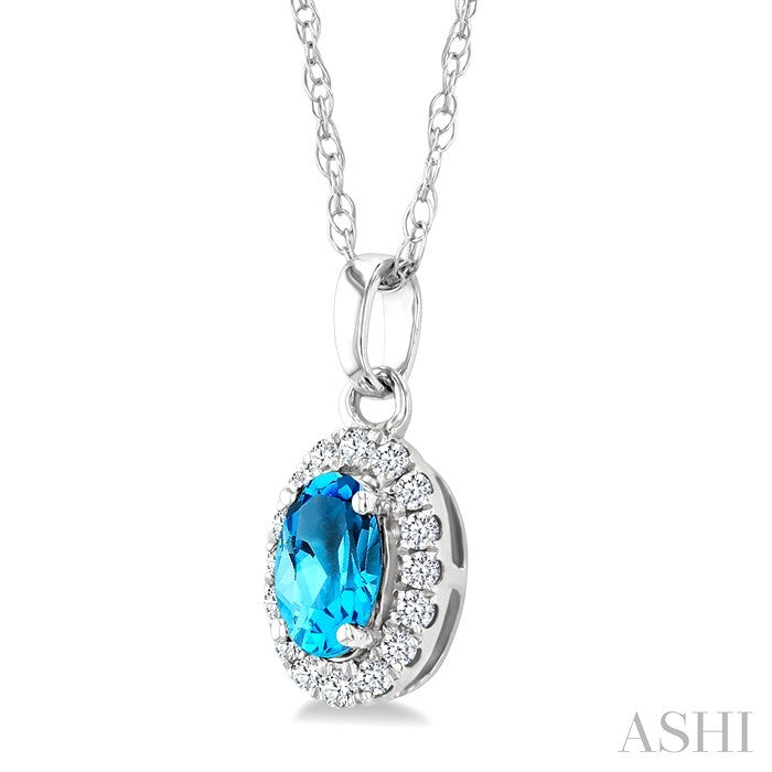 5x3 MM Oval Shape Blue Topaz and 1/20 Ctw Round Cut Diamond Halo Semi-Precious Pendant with Chain in 14K White Gold