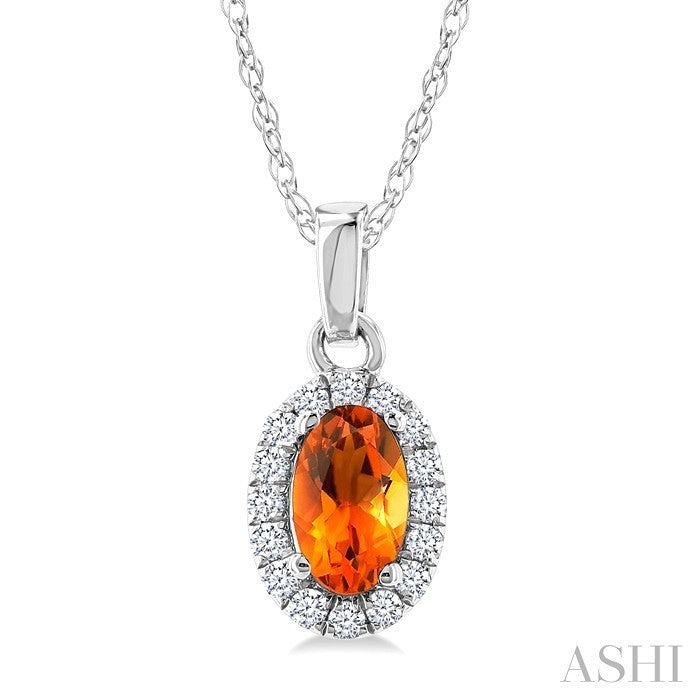 5x3 MM Oval Shape Citrine and 1/20 Ctw Round Cut Diamond Halo Semi-Precious Pendant with Chain in 14K White Gold