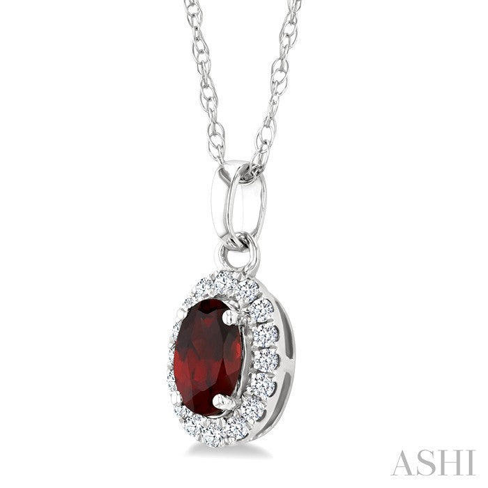 5x3 MM Oval Shape Garnet and 1/20 Ctw Round Cut Diamond Halo Semi-Precious Pendant with Chain in 14K White Gold