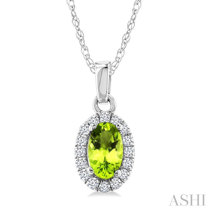 5x3 MM Oval Shape Peridot and 1/20 Ctw Round Cut Diamond Halo Semi-Precious Pendant with Chain in 14K White Gold