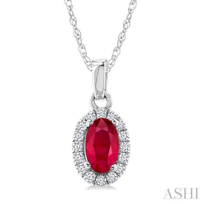 5x3 MM Oval Shape Ruby and 1/20 Ctw Round Cut Diamond Halo Precious Pendant with Chain in 14K White Gold