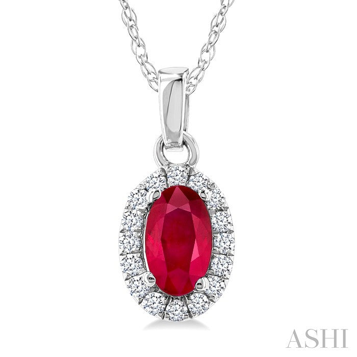 5x3 MM Oval Shape Ruby and 1/20 Ctw Round Cut Diamond Halo Precious Pendant with Chain in 14K White Gold