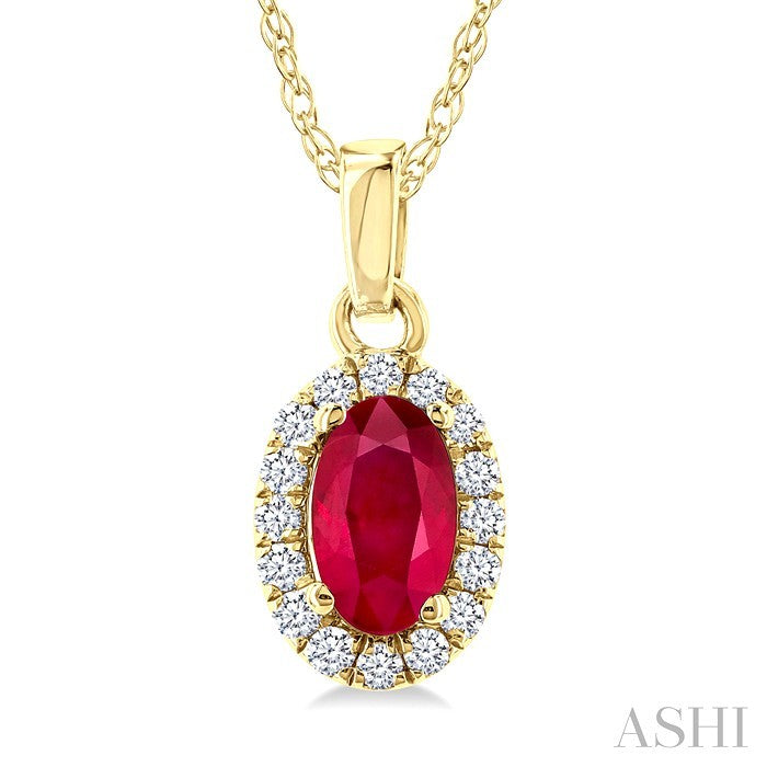5x3 MM Oval Shape Ruby and 1/20 Ctw Round Cut Diamond Halo Precious Pendant with Chain in 14K Yellow Gold