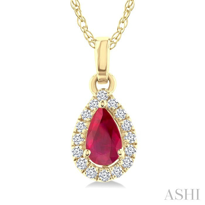 5x3 MM Pear Shape Ruby and 1/20 Ctw Round Cut Diamond Halo Precious Pendant with Chain in 14K Yellow Gold