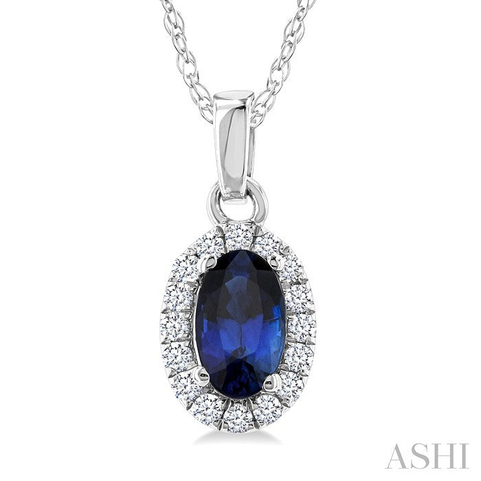 5x3 MM Oval Shape Sapphire and 1/20 Ctw Round Cut Diamond Halo Precious Pendant with Chain in 14K White Gold