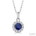 3.25 MM Round Sapphire and 1/20 Ctw Round Cut Diamond Halo Precious Pendant with Chain in 14K White Gold