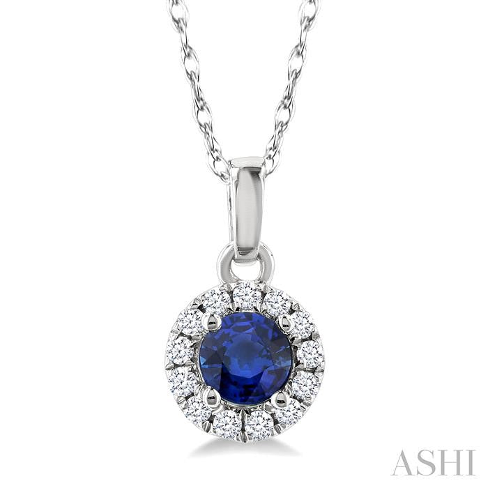 3.25 MM Round Sapphire and 1/20 Ctw Round Cut Diamond Halo Precious Pendant with Chain in 14K White Gold