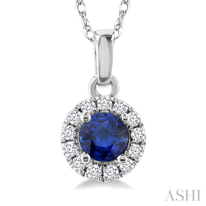 3.25 MM Round Sapphire and 1/20 Ctw Round Cut Diamond Halo Precious Pendant with Chain in 14K White Gold