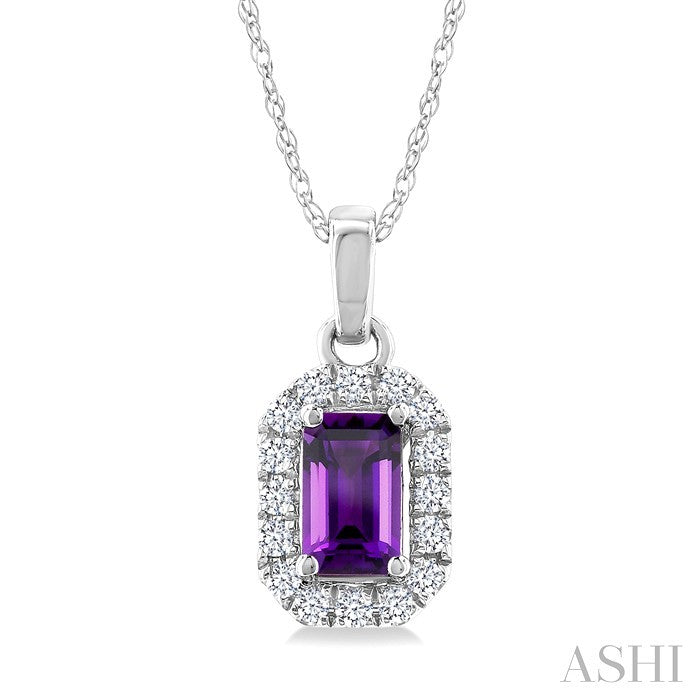 5x3 MM Octagonal Shape Amethyst and 1/20 Ctw Round Cut Diamond Halo Semi-Precious Pendant with Chain in 10K White Gold