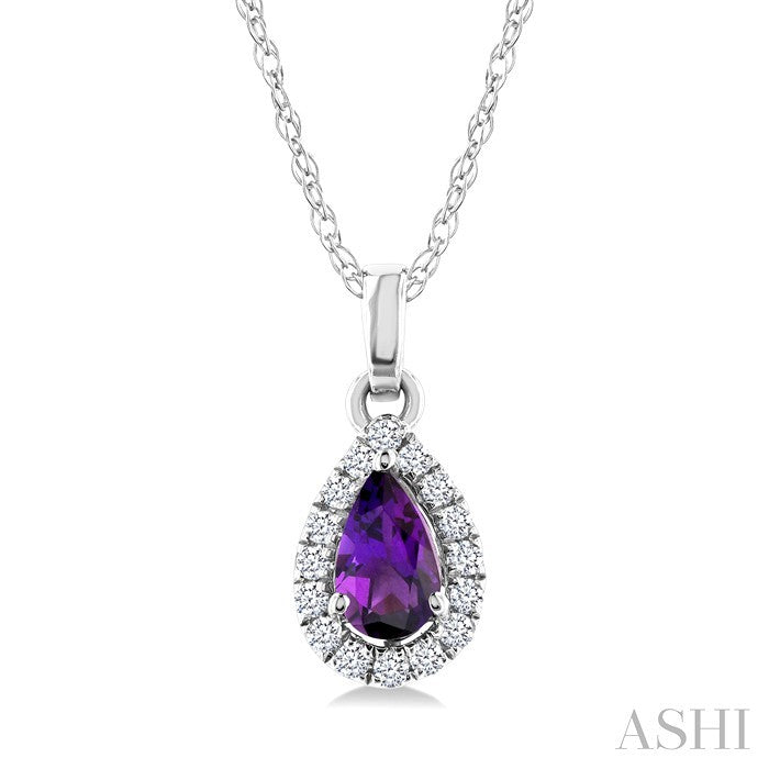 5x3 MM Pear Shape Amethyst and 1/20 Ctw Round Cut Diamond Halo Semi-Precious Pendant with Chain in 10K White Gold