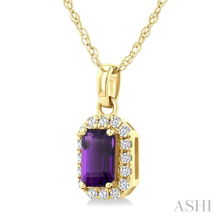 5x3 MM Octagonal Shape Amethyst and 1/20 Ctw Round Cut Diamond Halo Semi-Precious Pendant with Chain in 10K Yellow Gold