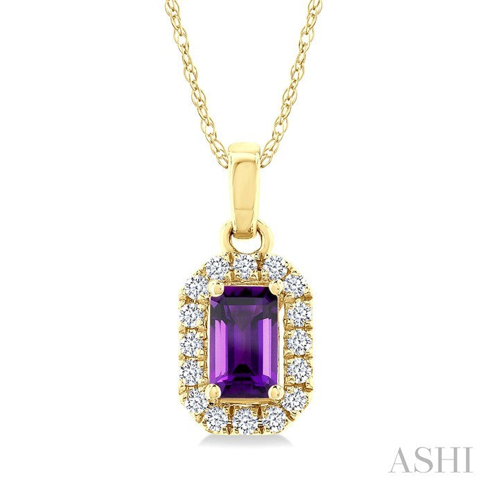 5x3 MM Octagonal Shape Amethyst and 1/20 Ctw Round Cut Diamond Halo Semi-Precious Pendant with Chain in 10K Yellow Gold