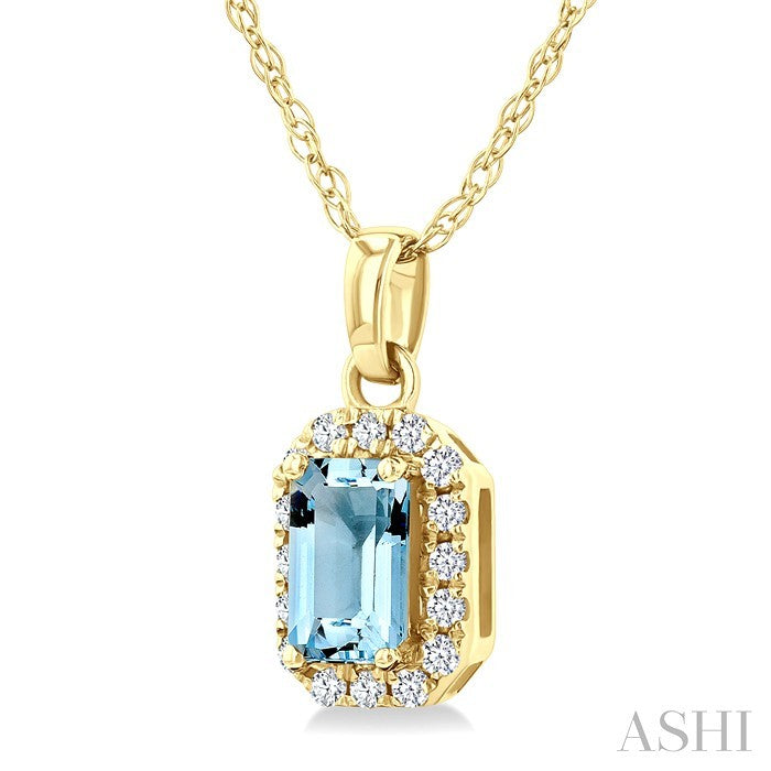 5x3 MM Octagonal Shape Aquamarine and 1/20 Ctw Round Cut Diamond Halo Semi-Precious Pendant with Chain in 10K Yellow Gold