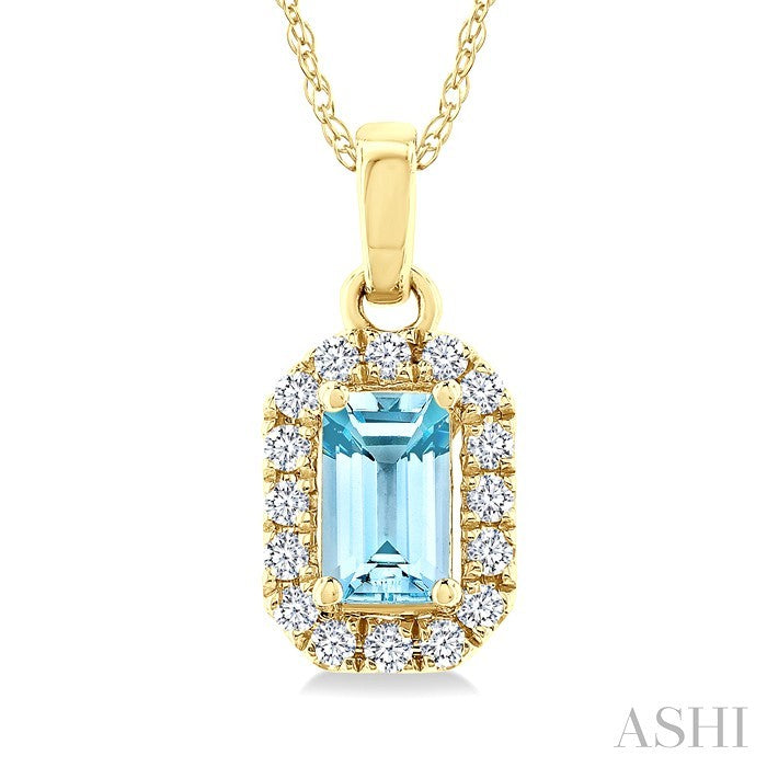 5x3 MM Octagonal Shape Aquamarine and 1/20 Ctw Round Cut Diamond Halo Semi-Precious Pendant with Chain in 10K Yellow Gold