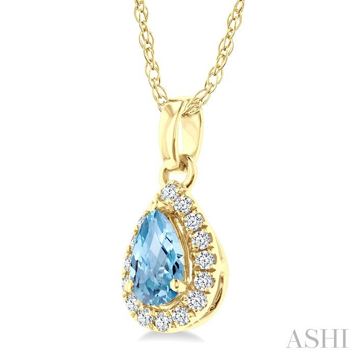 5x3 MM Pear Shape Aquamarine and 1/20 Ctw Round Cut Diamond Halo Semi-Precious Pendant with Chain in 10K Yellow Gold