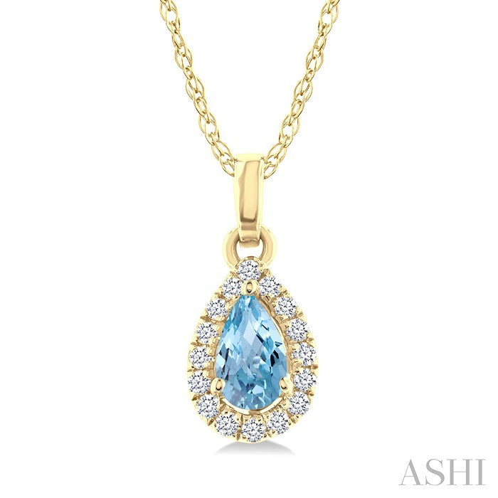 5x3 MM Pear Shape Aquamarine and 1/20 Ctw Round Cut Diamond Halo Semi-Precious Pendant with Chain in 10K Yellow Gold