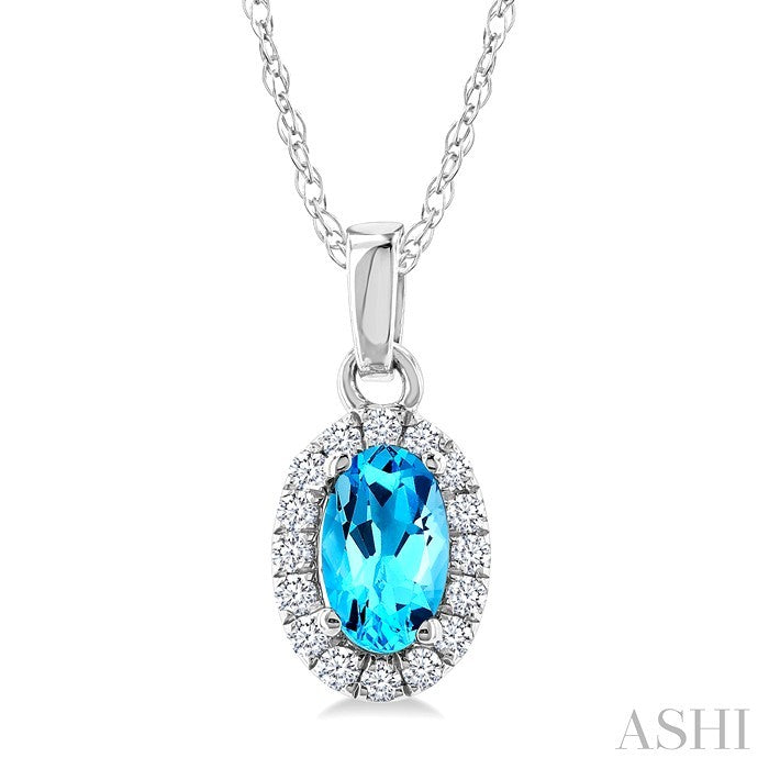5x3 MM Oval Shape Blue Topaz and 1/20 Ctw Round Cut Diamond Halo Semi-Precious Pendant with Chain in 10K White Gold