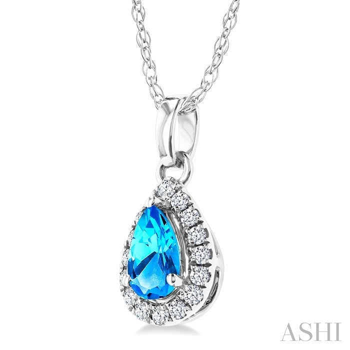 5x3 MM Pear Shape Blue Topaz and 1/20 Ctw Round Cut Diamond Halo Semi-Precious Pendant with Chain in 10K White Gold