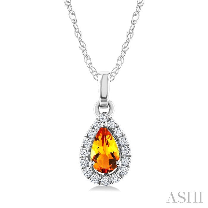 5x3 MM Pear Shape Citrine and 1/20 Ctw Round Cut Diamond Halo Semi-Precious Pendant with Chain in 10K White Gold