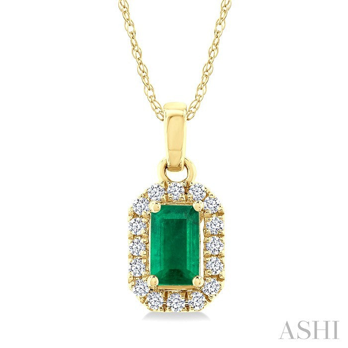 5x3 MM Octagonal Shape Emerald and 1/20 Ctw Round Cut Diamond Halo Precious Pendant with Chain in 10K Yellow Gold