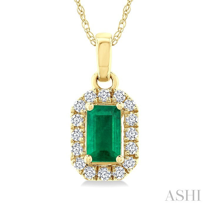 5x3 MM Octagonal Shape Emerald and 1/20 Ctw Round Cut Diamond Halo Precious Pendant with Chain in 10K Yellow Gold