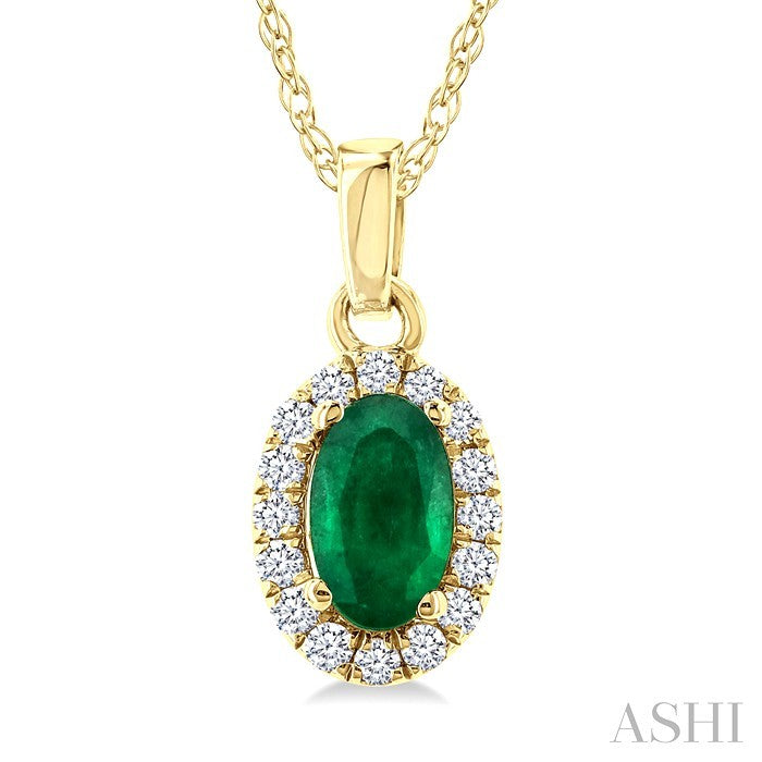 5x3 MM Oval Shape Emerald and 1/20 Ctw Round Cut Diamond Halo Precious Pendant with Chain in 10K Yellow Gold