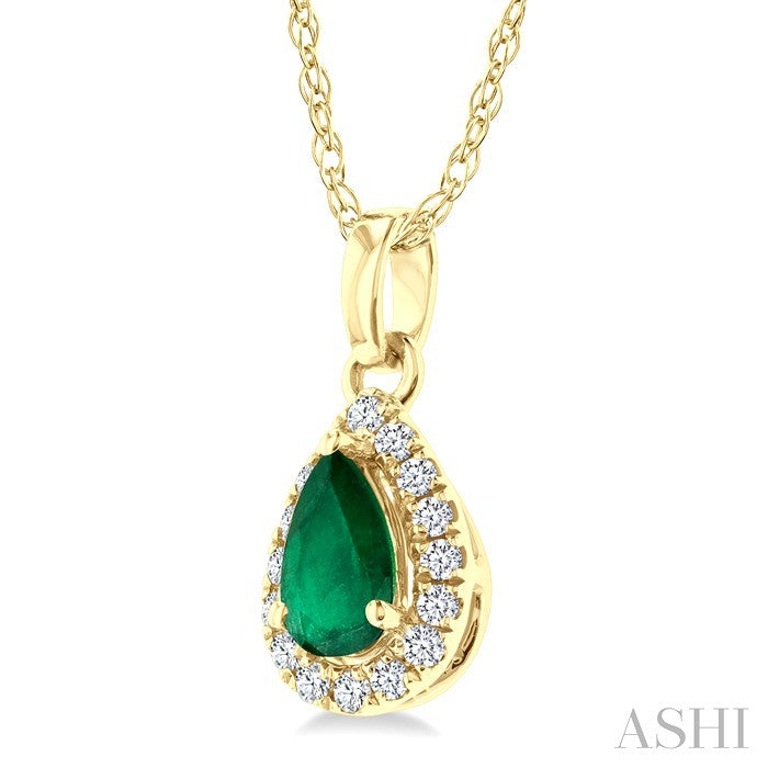 5x3 MM Pear Shape Emerald and 1/20 Ctw Round Cut Diamond Halo Precious Pendant with Chain in 10K Yellow Gold