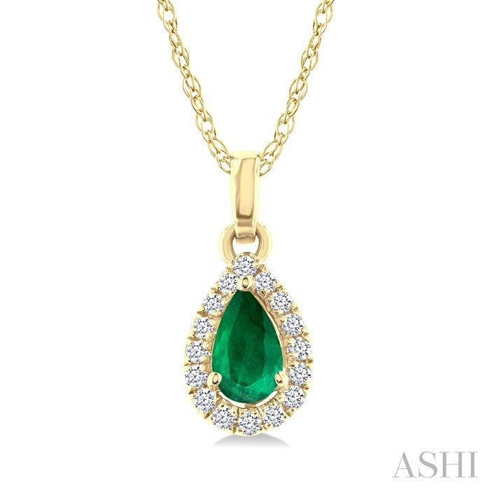 5x3 MM Pear Shape Emerald and 1/20 Ctw Round Cut Diamond Halo Precious Pendant with Chain in 10K Yellow Gold