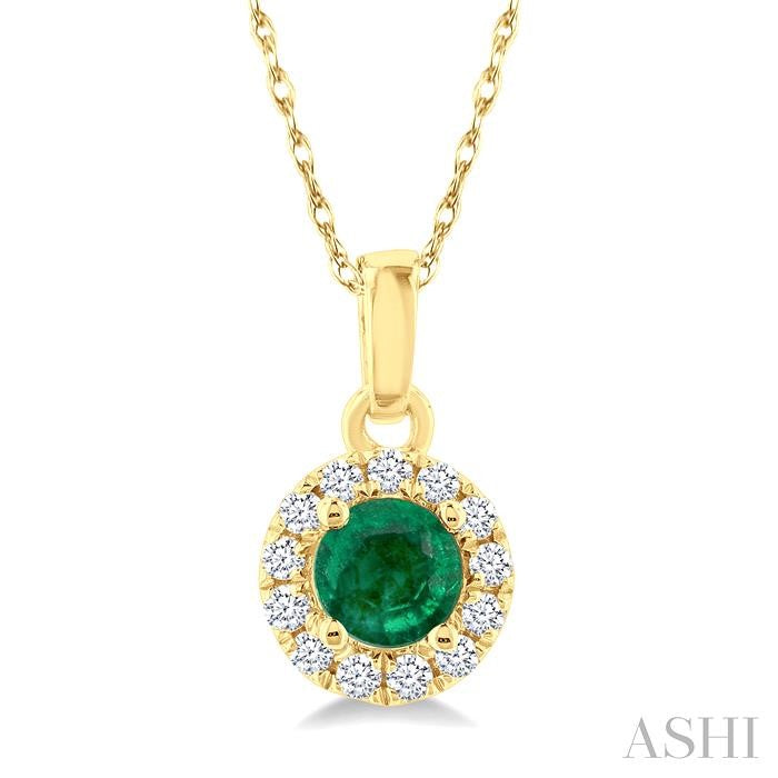 3.25 MM Round Emerald and 1/20 Ctw Round Cut Diamond Halo Precious Pendant with Chain in 10K Yellow Gold