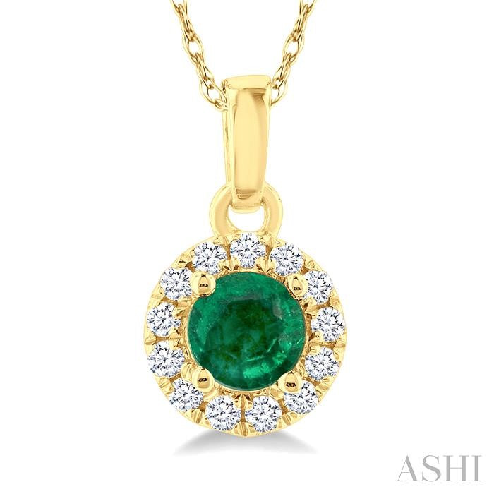 3.25 MM Round Emerald and 1/20 Ctw Round Cut Diamond Halo Precious Pendant with Chain in 10K Yellow Gold
