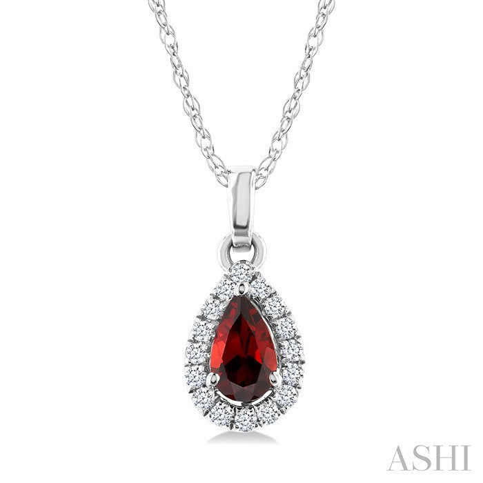 5x3 MM Pear Shape Garnet and 1/20 Ctw Round Cut Diamond Halo Semi-Precious Pendant with Chain in 10K White Gold
