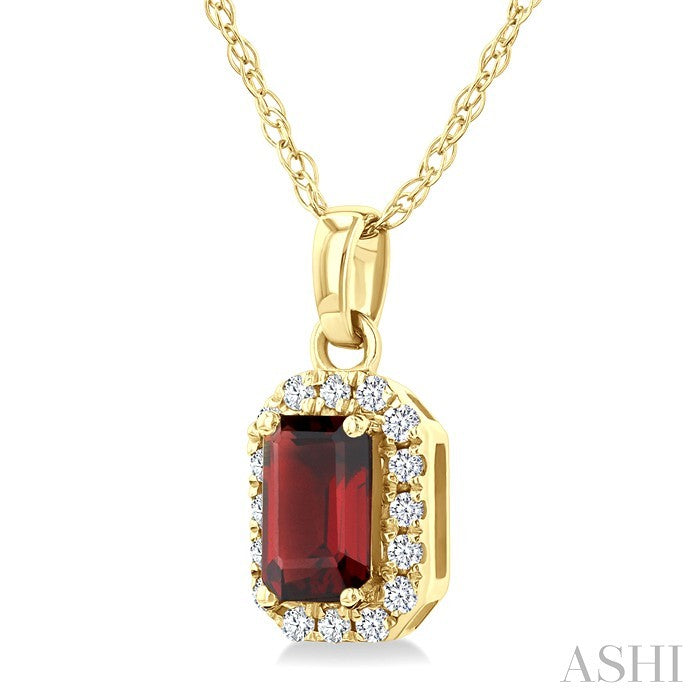 5x3 MM Octagonal Shape Garnet and 1/20 Ctw Round Cut Diamond Halo Semi-Precious Pendant with Chain in 10K Yellow Gold