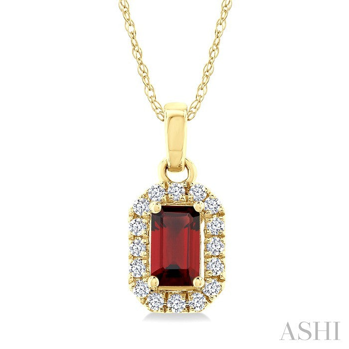 5x3 MM Octagonal Shape Garnet and 1/20 Ctw Round Cut Diamond Halo Semi-Precious Pendant with Chain in 10K Yellow Gold