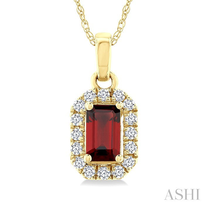 5x3 MM Octagonal Shape Garnet and 1/20 Ctw Round Cut Diamond Halo Semi-Precious Pendant with Chain in 10K Yellow Gold
