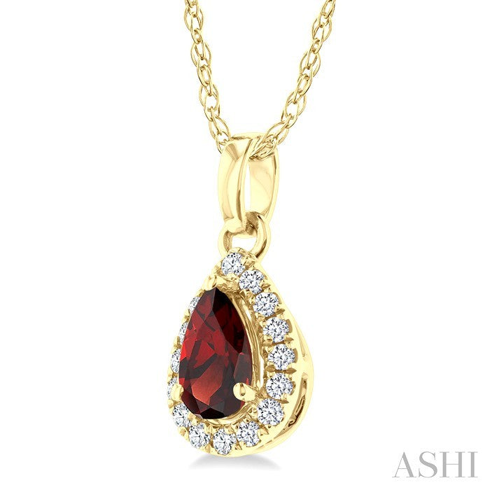 5x3 MM Pear Shape Garnet and 1/20 Ctw Round Cut Diamond Halo Semi-Precious Pendant with Chain in 10K Yellow Gold