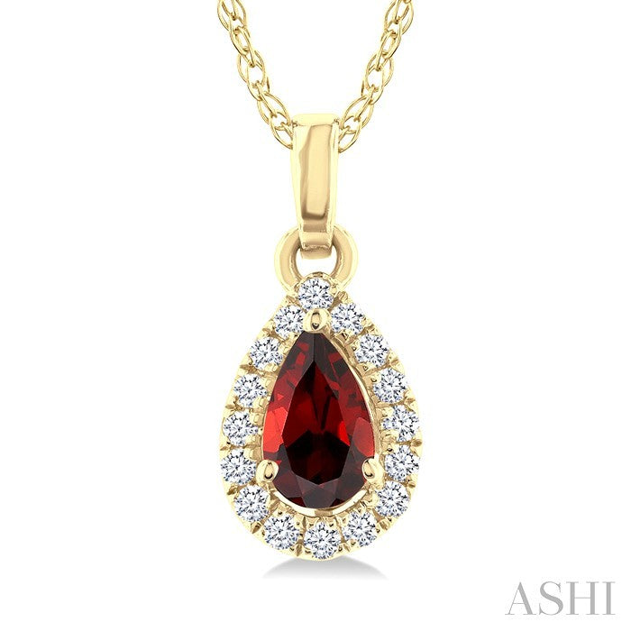 5x3 MM Pear Shape Garnet and 1/20 Ctw Round Cut Diamond Halo Semi-Precious Pendant with Chain in 10K Yellow Gold