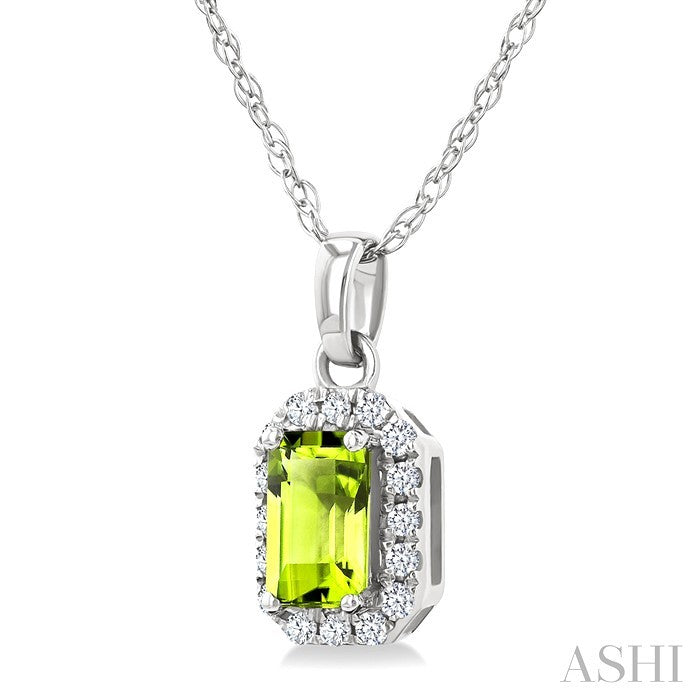5x3 MM Octagonal Shape Peridot and 1/20 Ctw Round Cut Diamond Halo Semi-Precious Pendant with Chain in 10K White Gold