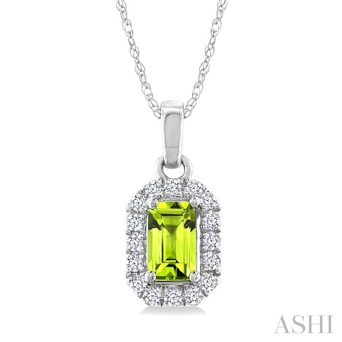 5x3 MM Octagonal Shape Peridot and 1/20 Ctw Round Cut Diamond Halo Semi-Precious Pendant with Chain in 10K White Gold