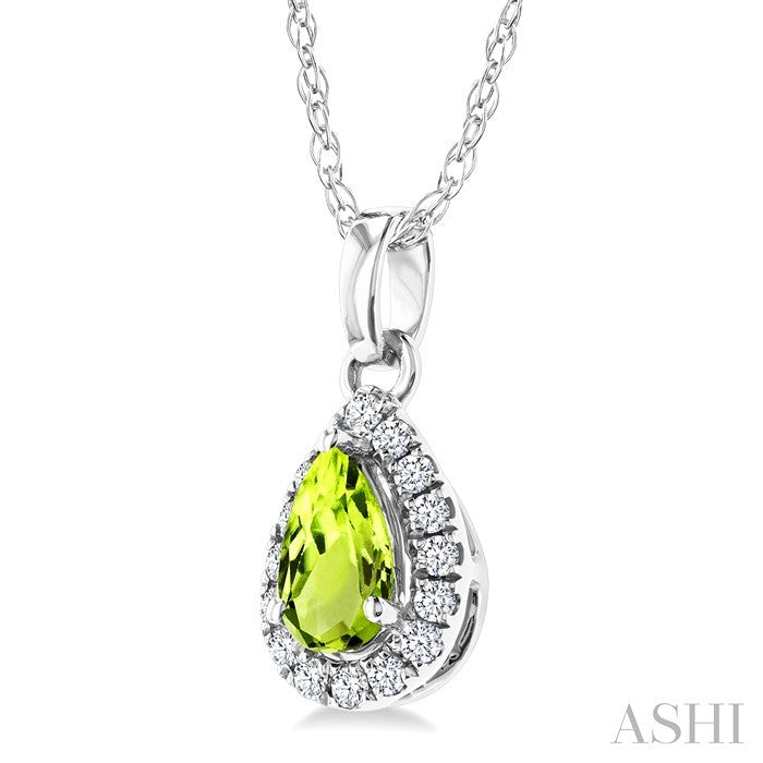 5x3 MM Pear Shape Peridot and 1/20 Ctw Round Cut Diamond Halo Semi-Precious Pendant with Chain in 10K White Gold