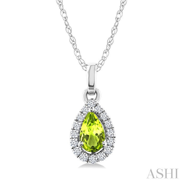5x3 MM Pear Shape Peridot and 1/20 Ctw Round Cut Diamond Halo Semi-Precious Pendant with Chain in 10K White Gold